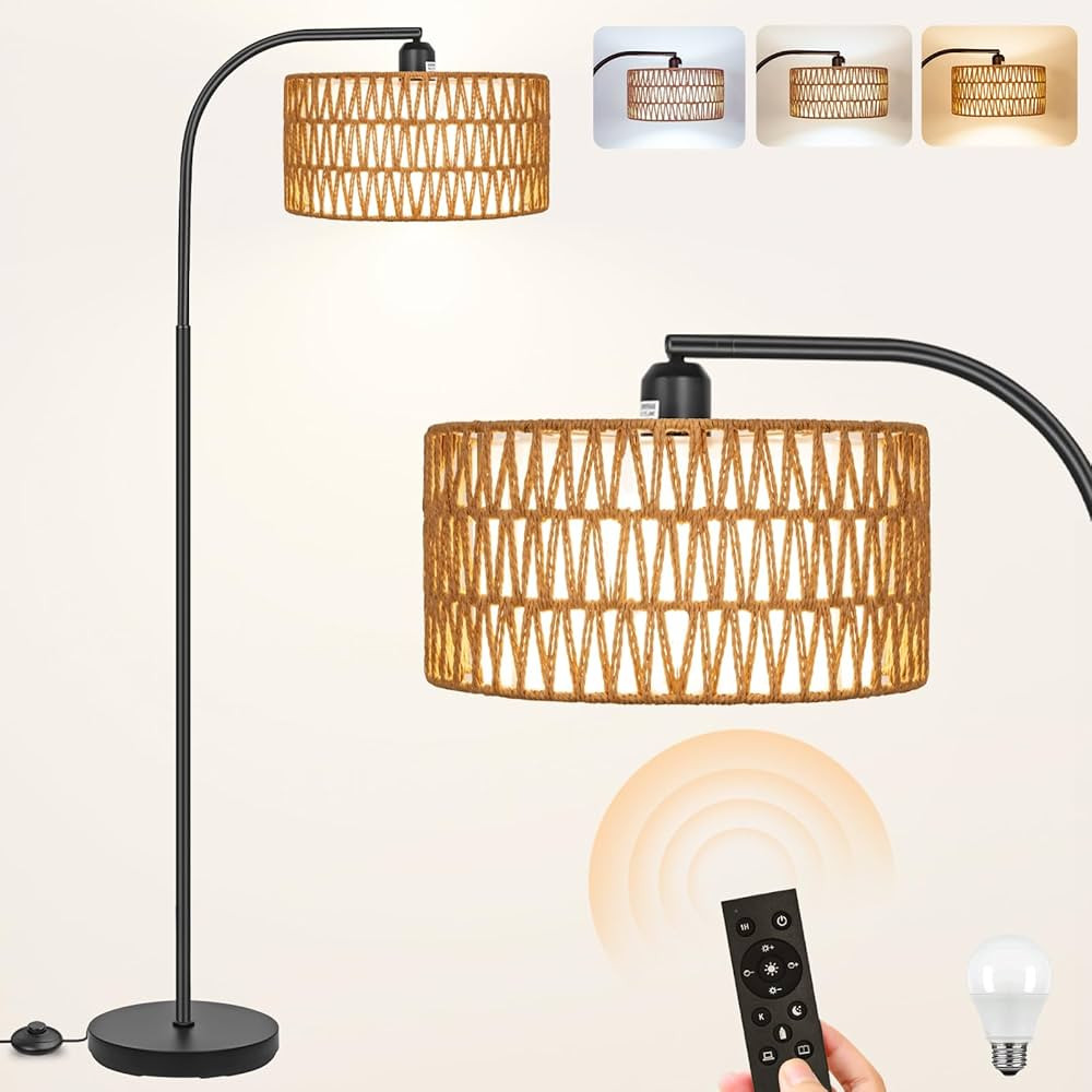 Rattan Floor Lamps for Living Room, Boho Standing Lamps with Rattan& Linen Double Shades, Arc Lam... | Amazon (US)