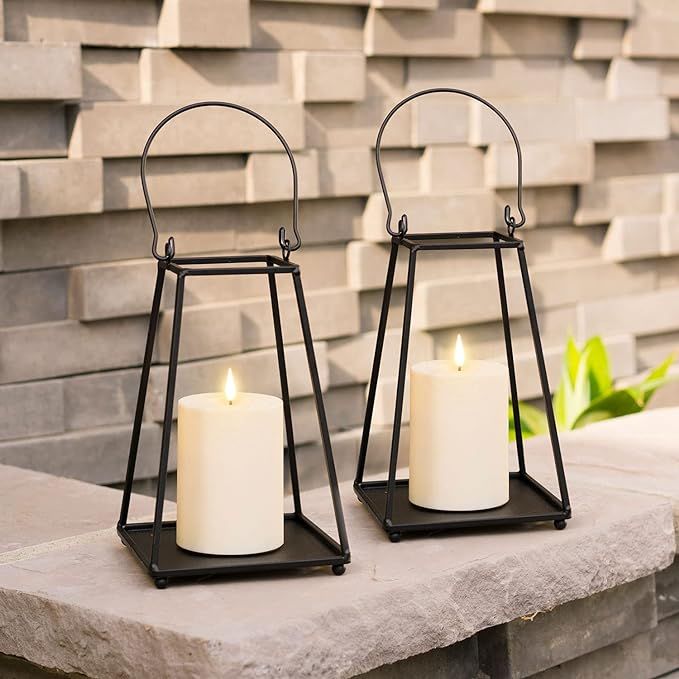 Black Metal Candle Lantern - Set of 2 Small Decorative Lanterns with LED Flameless Candles, 8.5 I... | Amazon (US)