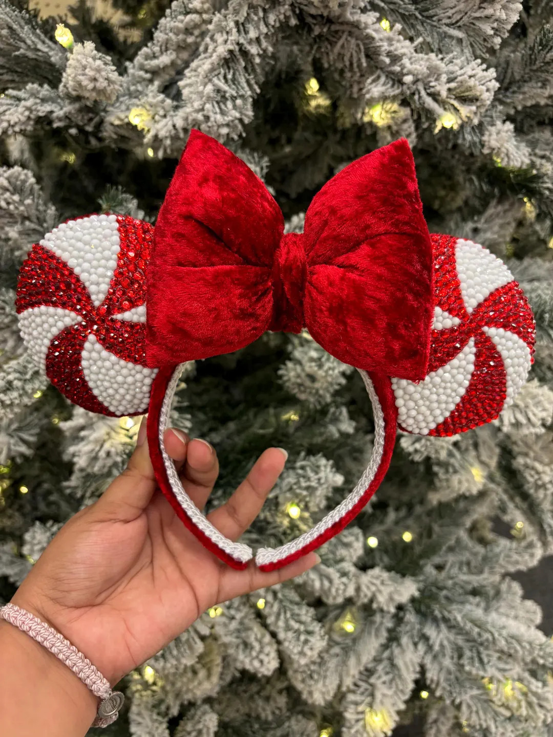 Holiday Candy Cane Rhinestone Mouse Ears | Red and White ears | sparkle | handmade rhinestone hea... | Etsy (US)