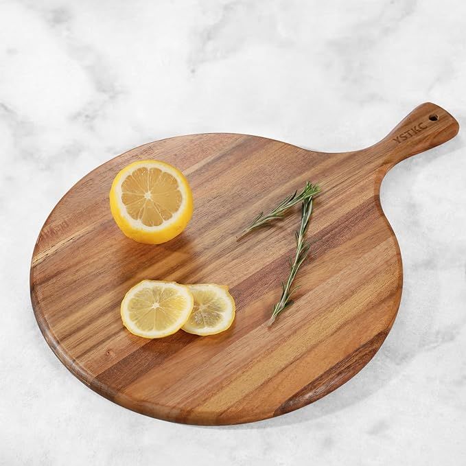 YSTKC Acacia Wood Round Cutting Board with Handle 16" x 12" Inch, Wooden Round Pizza Paddle, Cutt... | Amazon (US)