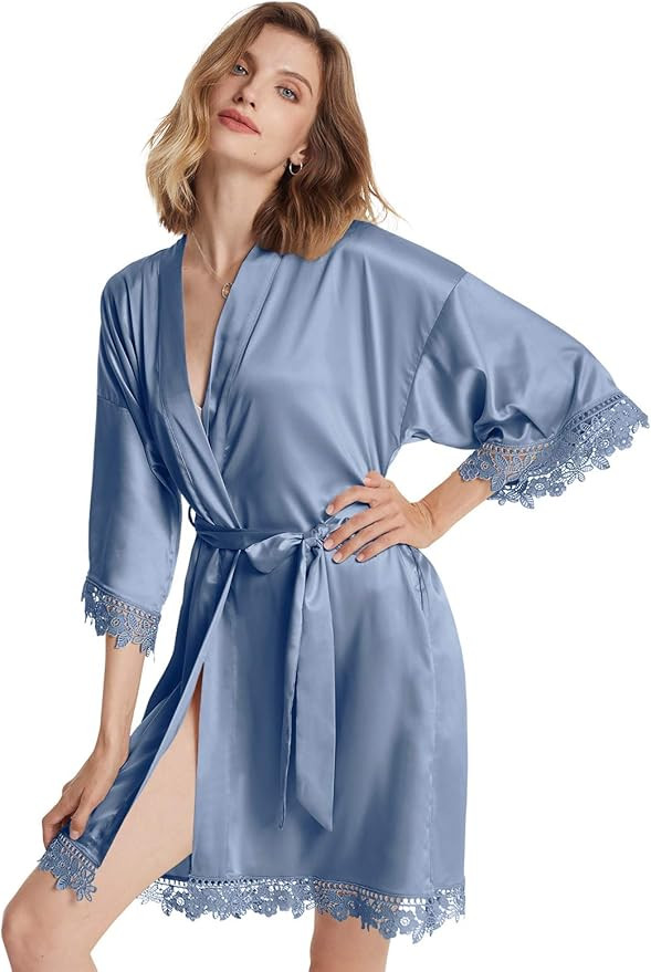 AW BRIDAL Women's Silk Robe Satin Robe with Lace Trim, Bridal Party Robe Bridesmaid Robes Bride R... | Amazon (US)