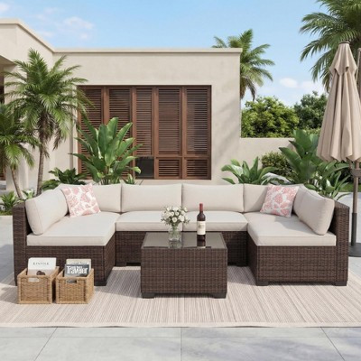 7-Piece Outdoor Wicker Sectional Sofa Set, Brown Gradient Wicker with Beige Washable Cushions and Glass Coffee Table | Target