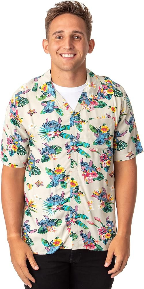 Disney Lilo and Stitch Men's Stitch Tropical Hawaiian Button Up Shirt | Amazon (US)