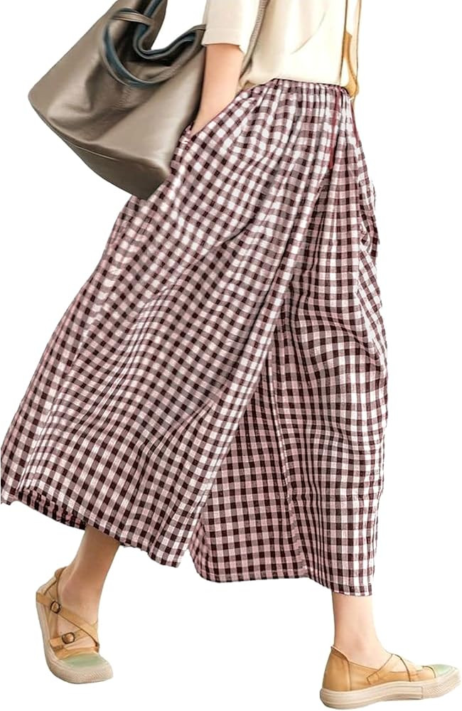 LOMON Womens Wide Leg Capri Pants Cotton Gingham Plaid Culottes Summer Elastic Waist Palazzo Trou... | Amazon (US)
