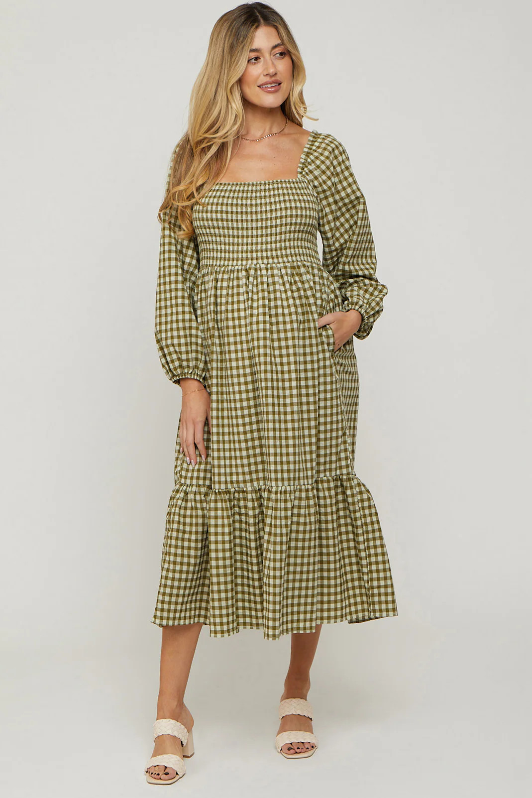 Olive Gingham Long Sleeve Maternity Midi Dress | PinkBlush Maternity