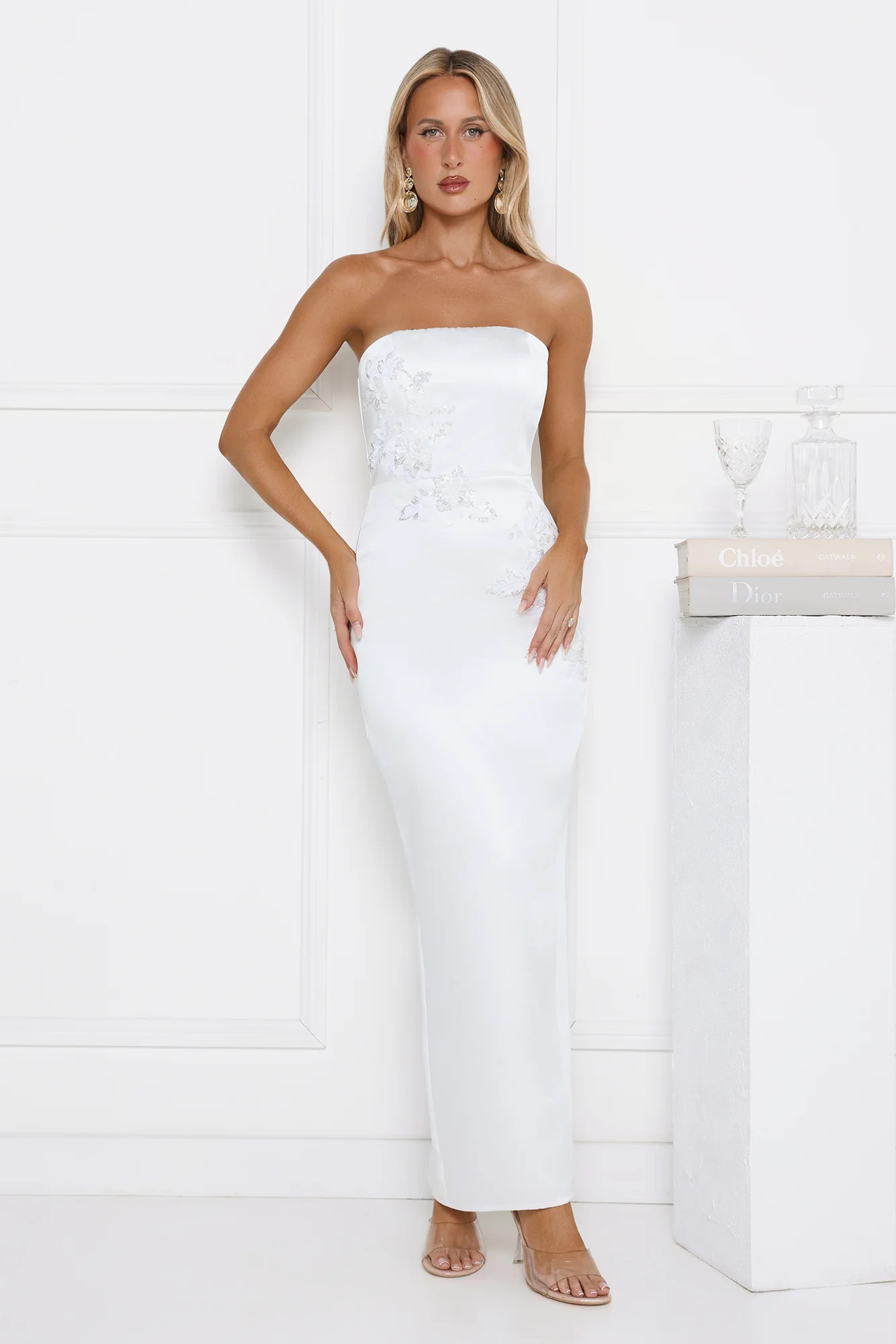 Dusk Desire Strapless Embellished Maxi Dress White | Hello Molly (US)