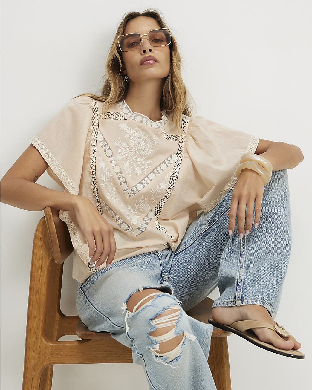 Pink Cotton Short Sleeve Lace Insert Blouse | River Island UK & IE