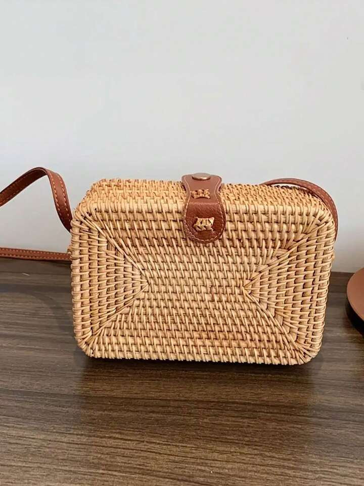 Mini Rattan Woven Square Bag, Retro Style Crossbody Bag, Summer Beach Box Purse For Women, Mother... | SHEIN