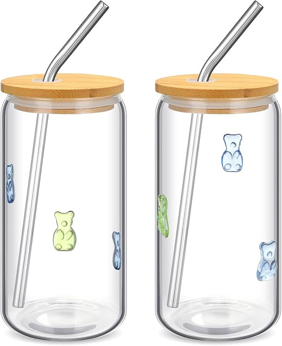 Honeydak 2 Pcs Bear Icon Juice Glass Tumbler with Lid & Straw - 18 oz Candy Bear Drinking Glasses... | Amazon (US)