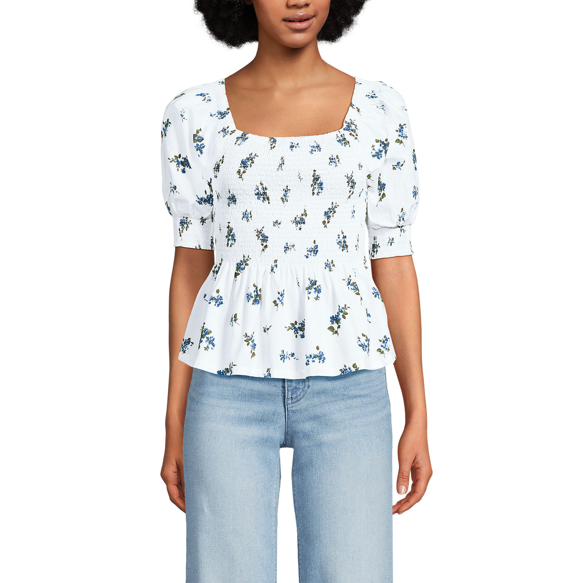 Women's Poplin Elbow Sleeve Smocked Top | Lands' End (US)