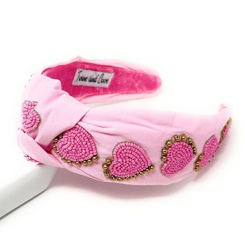 Valentines Hand Bead Knotted Headband, Valentines Pink Knot Headband, Embellished Knotted Headban... | Etsy (US)