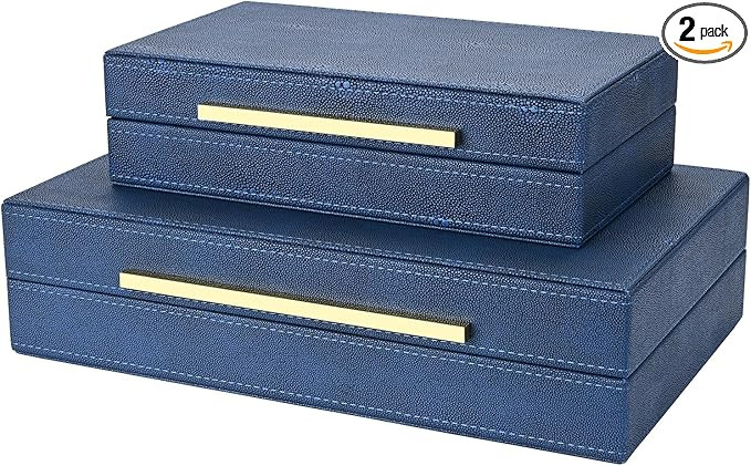 Navy Blue Shagreen box Set of 2 Faux Leather Decorative Boxes,Large Nesting Storage Decorative Bo... | Amazon (US)