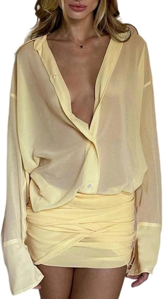 Geulis Women's Sheer Shirt Dresses Summer Long Sleeve Button up Blouse Mesh Sexy See Through Body... | Amazon (US)