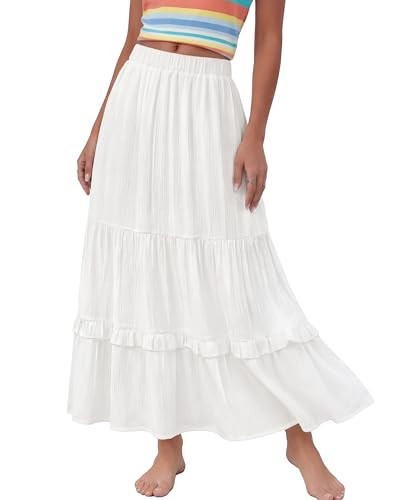 Annebouti Long Skirts for Women Summer 2026 Spring Break Midi Boho Ruffle Teacher Trendy Fashion Beach Outfits High Waisted Cute Flowy Pleated Tiered A Line Maxi Skirt White S | Amazon (US)