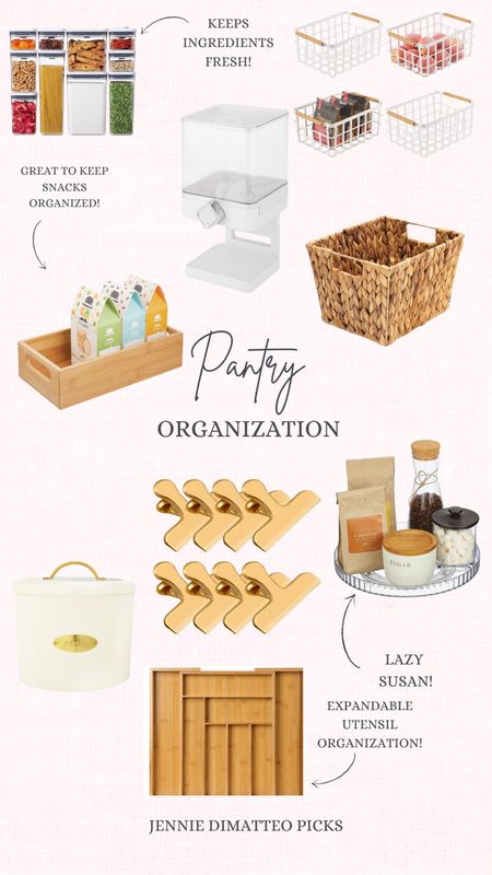 Pantry organization, canisters, cereal dispenser, wood trays, lazy Susan, bread box, gold chip clips, utensil organization 

#LTKhome #LTKSeasonal #LTKfindsunder100