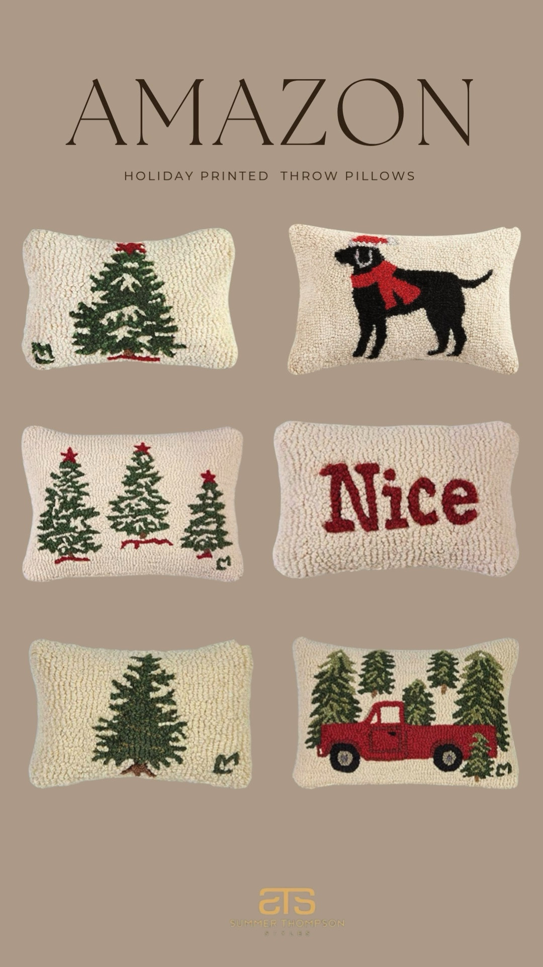 Cozy holiday pillows with classic festive prints.

Tree design. Black dog. “Nice” text. Red truck. Neutral knit texture. Green and red accents.

#HolidayHomeDecor #ChristmasPillows #CozyHolidayHome #FestiveDecor #SeasonalStyle


#LTKStyleTip #LTKHoliday #LTKHome