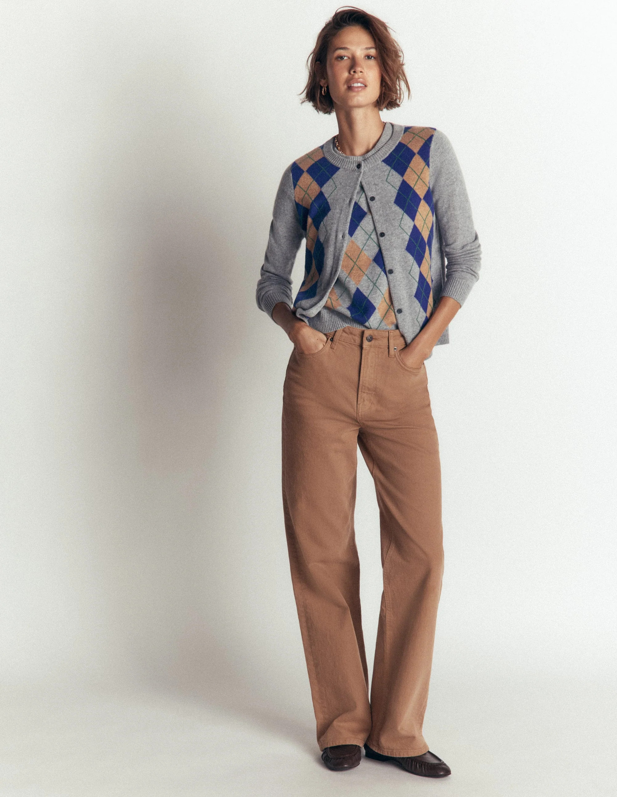 Elsie Cashmere Crew Cardigan-Grey Argyle | Boden (US)