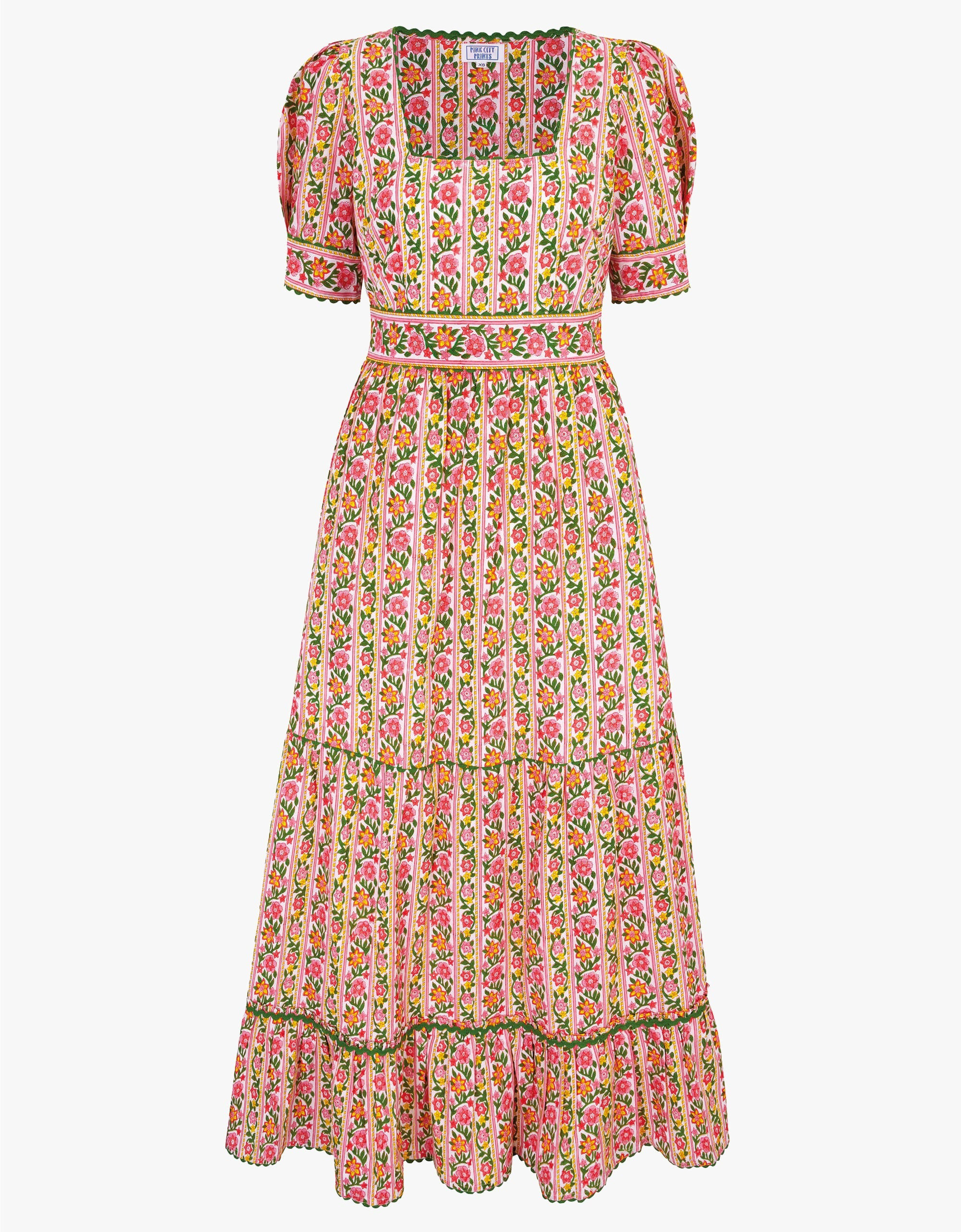 Evelyn Dress | Pink & White Floral Midi | Block Print Cotton | Pink City Prints UK