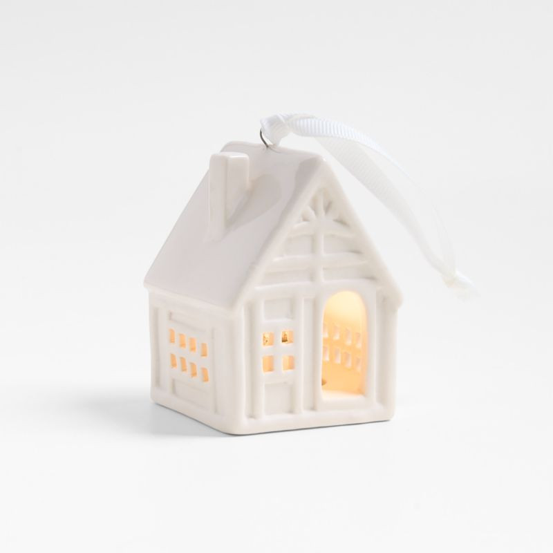White Ceramic Cottage Christmas Ornament | Crate & Barrel | Crate & Barrel