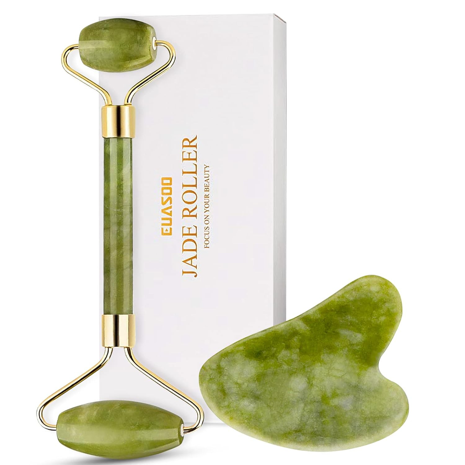 Jade Roller for Face, Jade Roller and Gua Sha Set, EUASOO 100% Real Natural Beauty Jade Facial Ro... | Amazon (US)