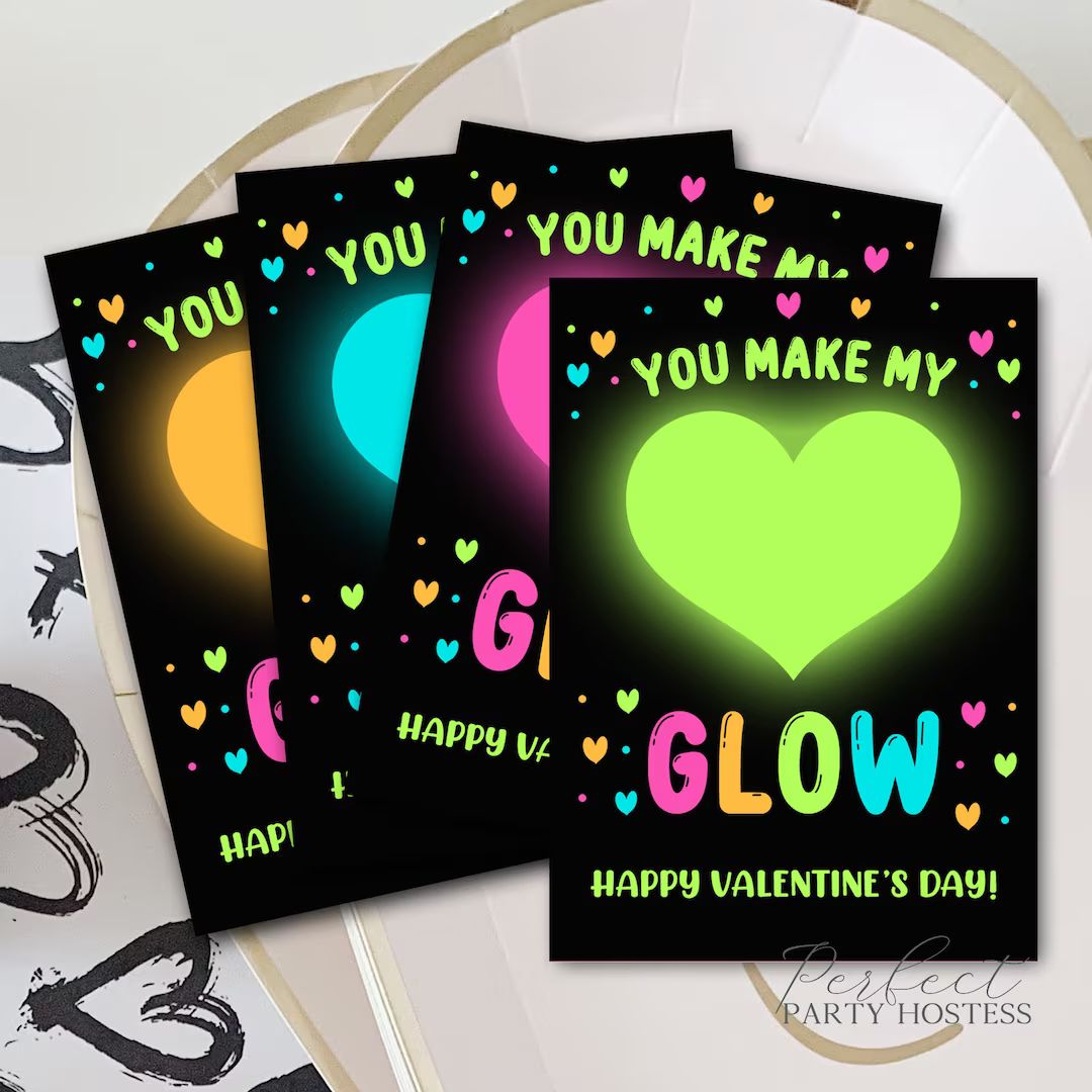 Neon Glow Valentine's Day Card, Printable Valentine's Day Treat Tag, You Make My Heart Glow, Prin... | Etsy (US)