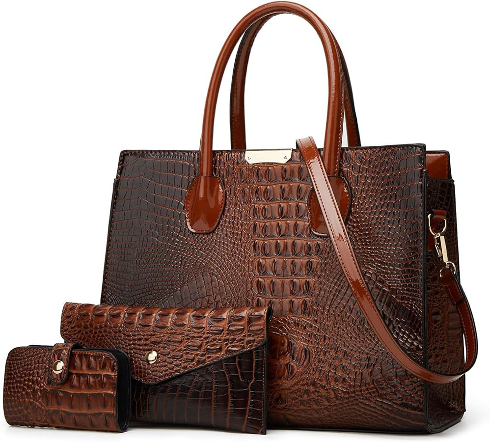KingTo Women's Bag 3 Pcs Set Luxury Crocodile Pattern Tote Handbag Vegan Leather Wallet Card Top ... | Amazon (US)