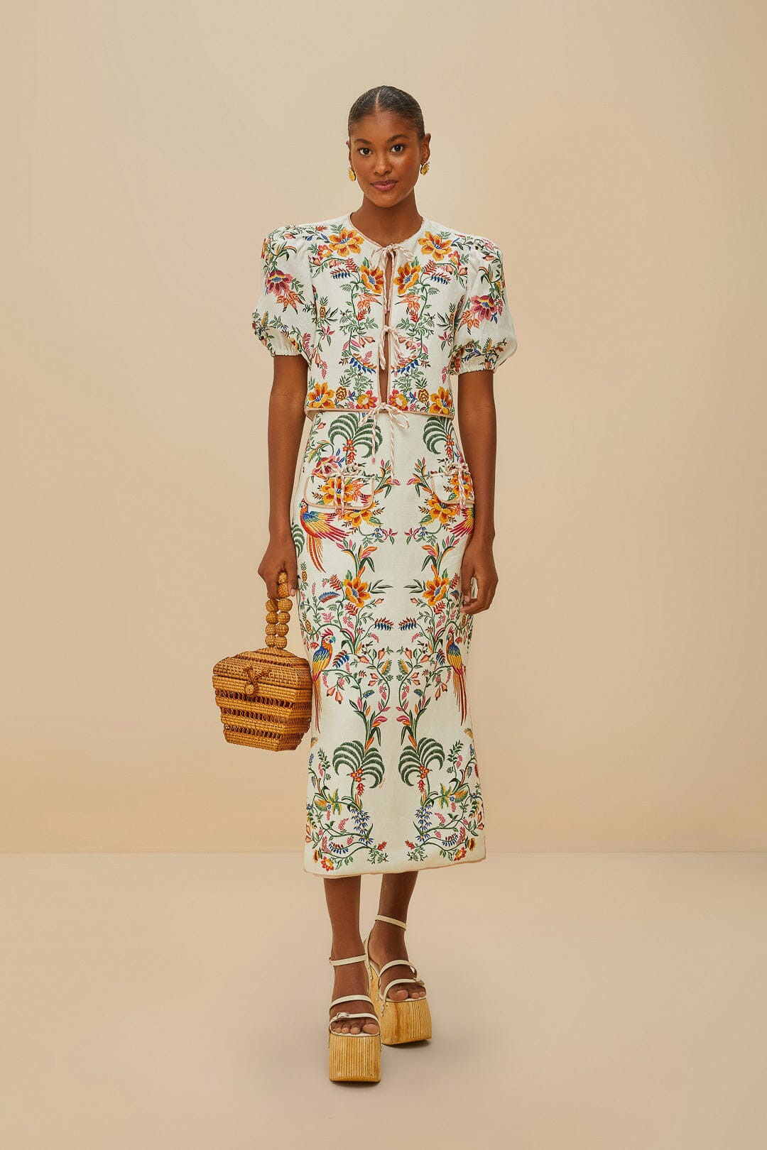 Off-White Delicate Forest Euroflax™ Premium Linen Midi Skirt | FarmRio (US)