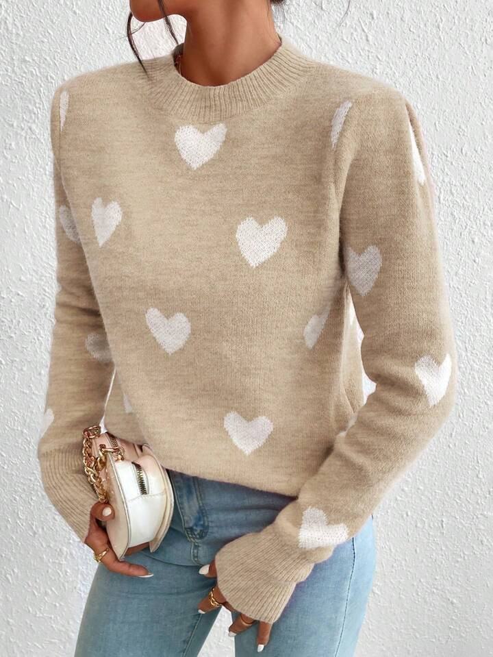 SHEIN Relaxiva Valentine's Day Heart Jacquard Round Neck Casual Long Sleeve Women Sweater, Autumn... | SHEIN