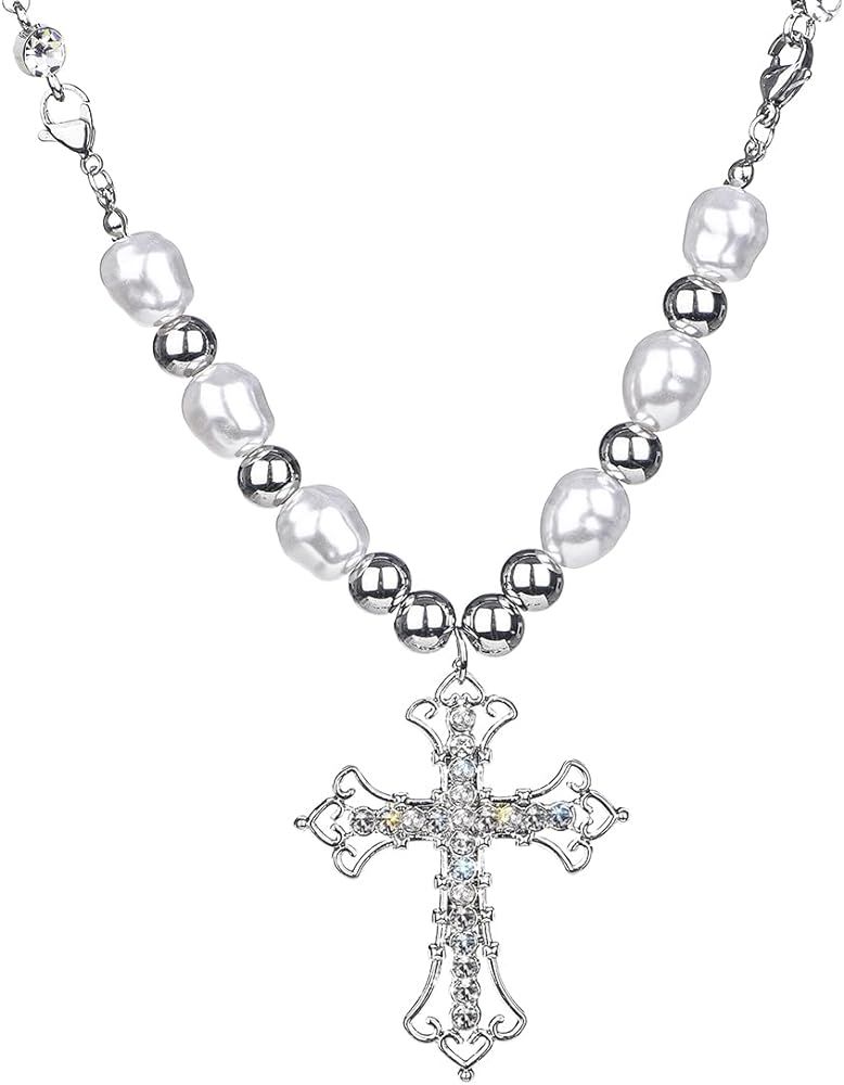 Vintage Celtic Rhinestone Cross Long Pendant Necklace Pearl Beaded Choker Necklace Silver for Wom... | Amazon (US)