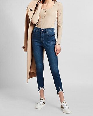 High Waisted Knit Ripped Raw Hem Cropped Skinny Jeans | Express