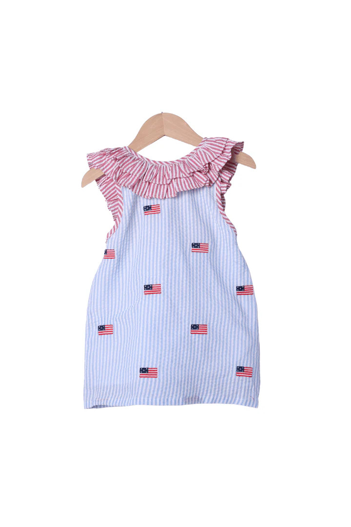 Embroidered Flag Seersucker Ruffle Dress | The Smocked Flamingo
