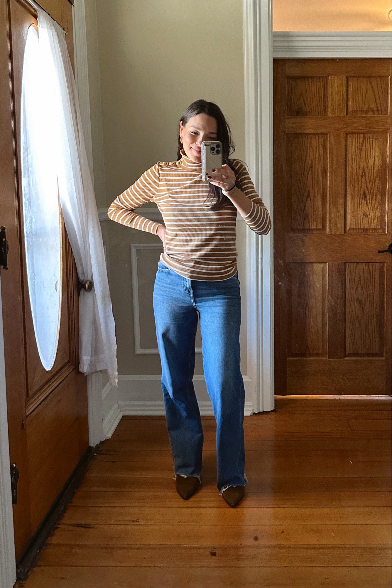 Soft and stretchy mock neck + raw hem denim:) #fallcapsule