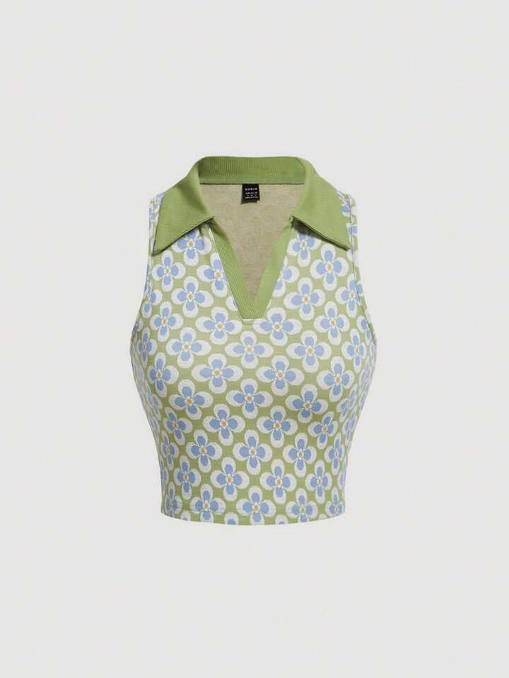 SHEIN MOD Floral Print Contrast Collar Crop Tank Top | SHEIN