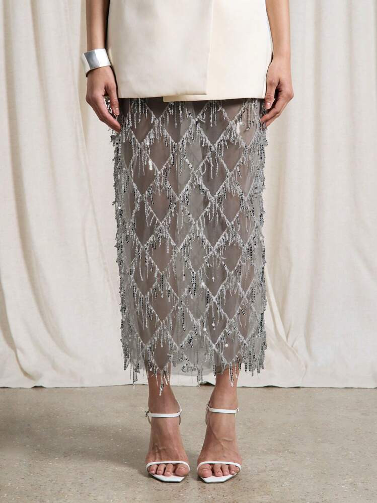 AiiRZ Embellished Beaded Fringe Maxi Pencil Skirt For Wedding Guest Special Events Gatsby Art Dec... | SHEIN