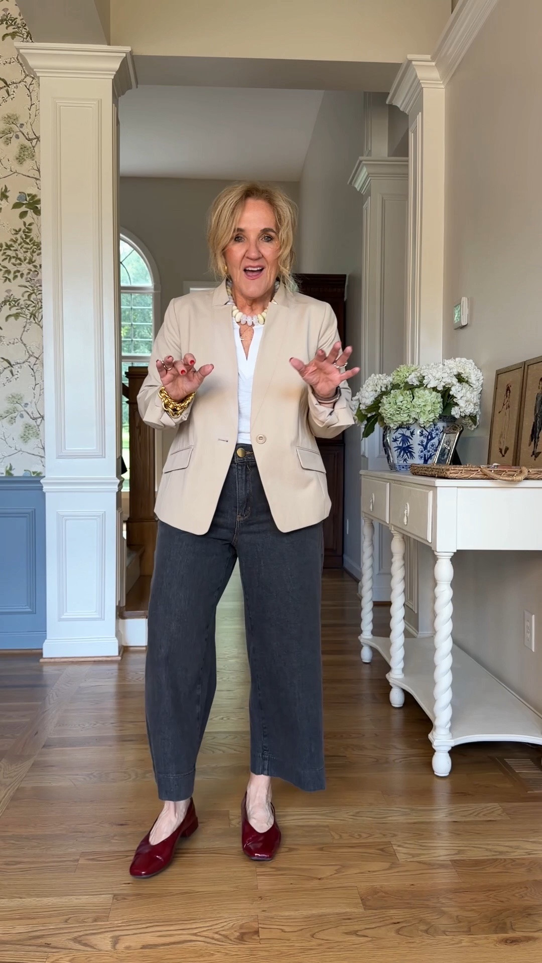 Jeans size a petite
Blazer size 10, petite
Top medium
Really comfortable red pattern flat it’s a very soft leather and they’re true to size

#LTKOver40 #LTKSaleAlert #LTKWorkwear