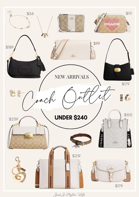 Coach Outlet new arrivals! All under $240! Most under $180. FEATURED: Coach slider bracelet, enamel charm necklace, logo print wristlet, heart camera crossbody bag, black shoulder hobo bag, Coach stripe foldover clutch purse, Coach buckle black bag, earrings, satchel bag, dog collar, black stripe mini tote, gold keychain charm, Smith tote, white saddle bag.

#LTKSpringSale #LTKitbag #LTKsalealert