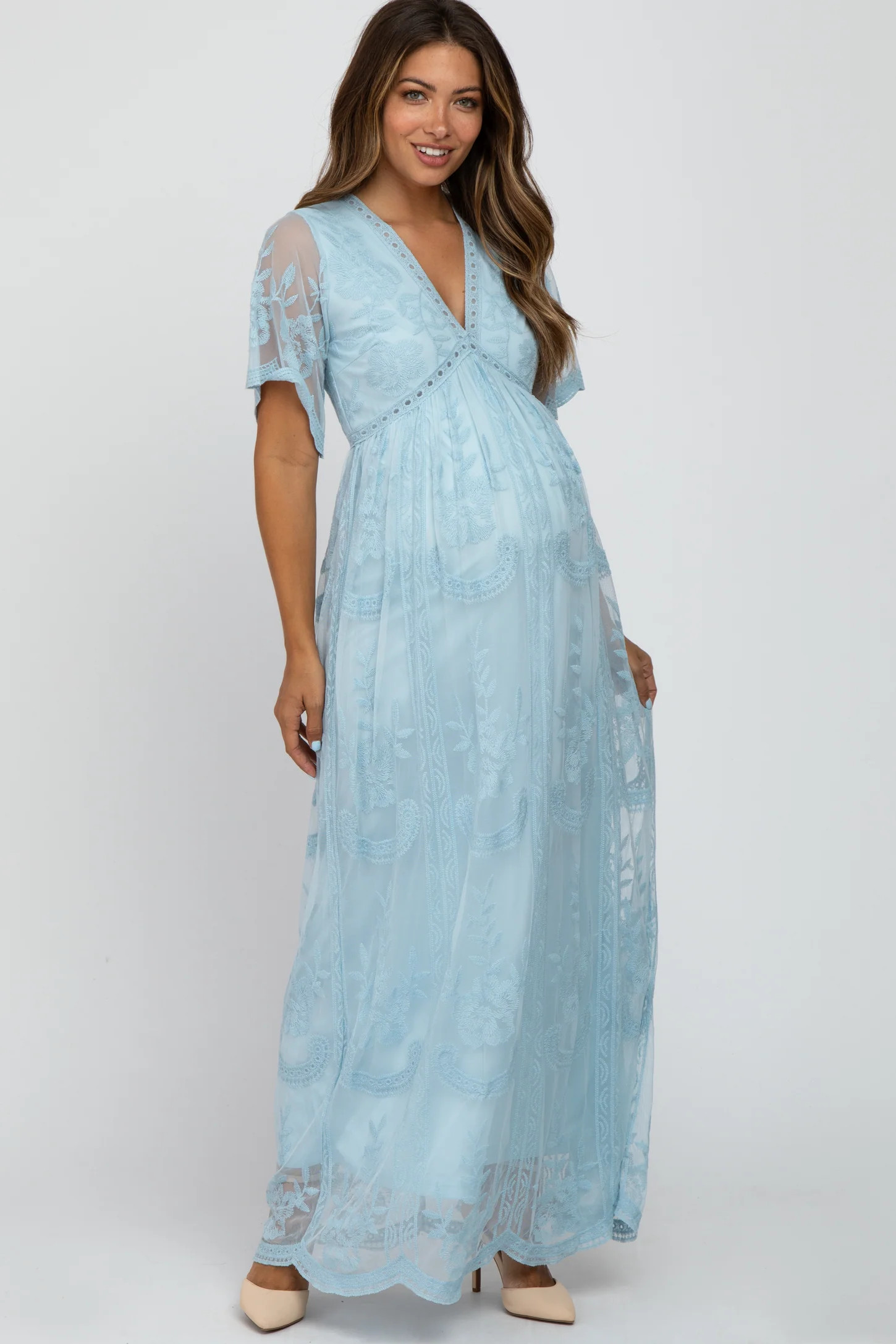 Light Blue Lace Mesh Overlay Maternity Maxi Dress | PinkBlush Maternity