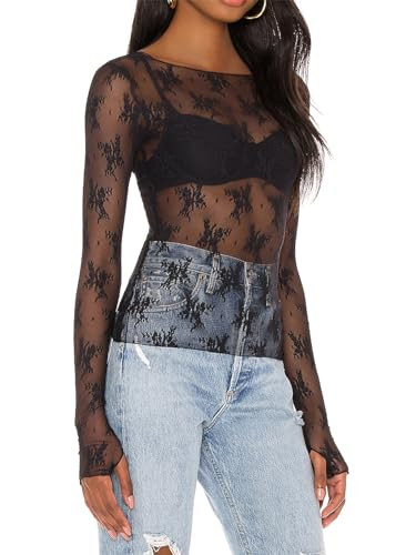 Sheer Mesh Long Sleeve Layering Top for Women Crew Neck Floral Lace Tshirt See Through Tee Shirt Blouse Black Lace M | Amazon (US)