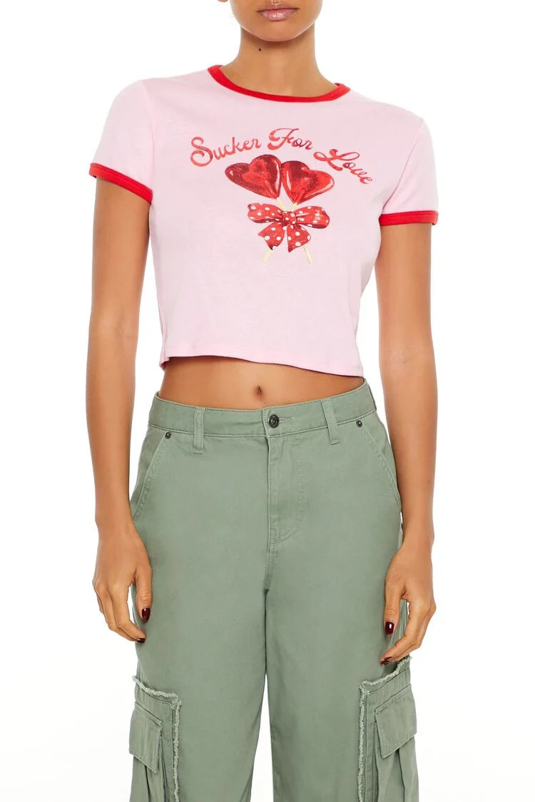Women's Sucker For Love Ringer Baby T-Shirt in Pink Large | Forever 21
