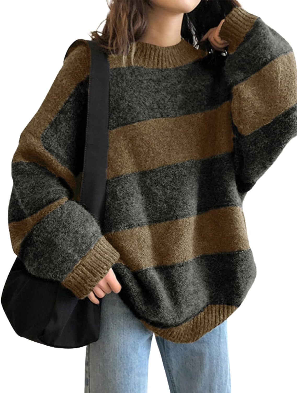 EMMIOL Women's Oversized Striped Sweaters 2026 Spring Trendy Long Sleeve Knit Outfits Crewneck Fashion Pullover Tops | Amazon (US)