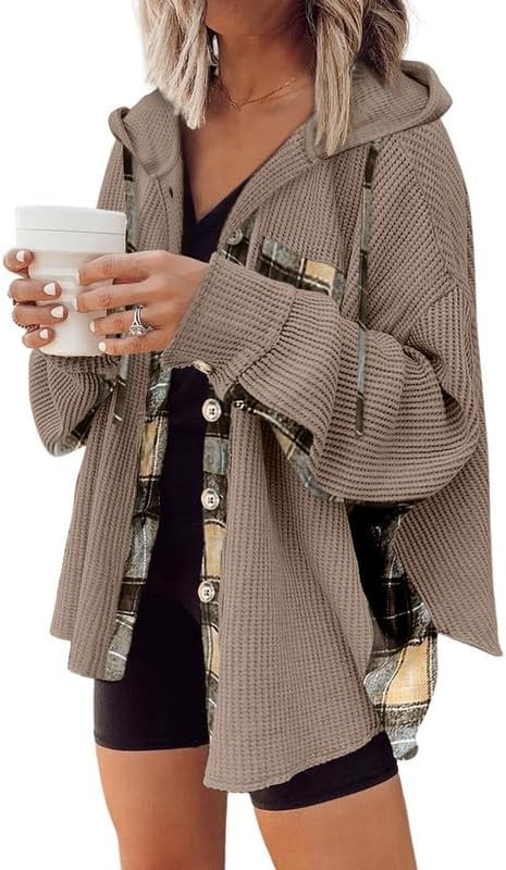 SHEWIN Womens Waffle Knit Plaid Shacket Boyfriend Button Down Shirt Hooded Jacket Loose Long Slee... | Amazon (US)