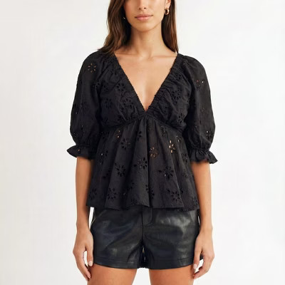 Knit & Lounge Women’s Embroidered V Neck Peplum Blouse Puff Sleeve Fitted Waist Soft Woven Top- Small ,Black | Target