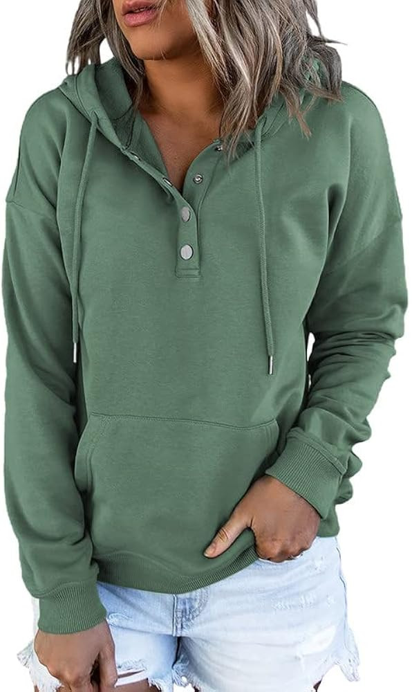 Dokotoo Womens 2024 Hoodies Button Collar Drawstring Hooded Pullover Sweatshirt Casual Long Sleev... | Amazon (US)