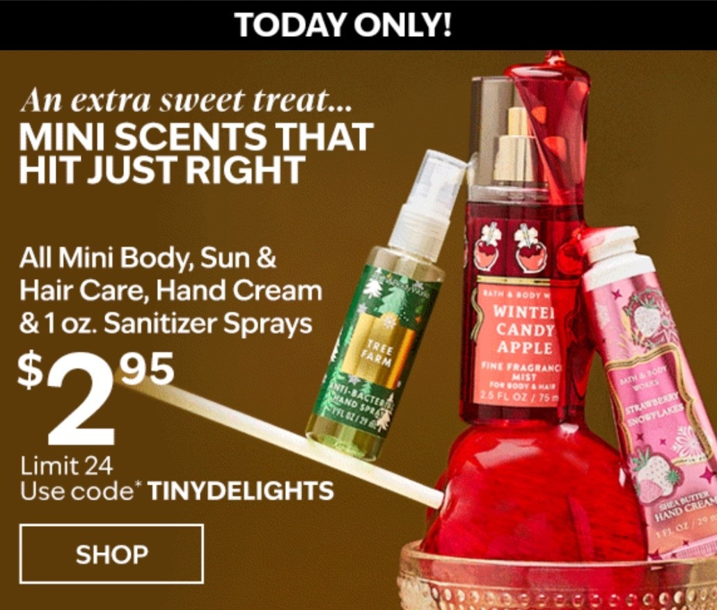 Bath & Body Works has all of their Hand Cream, Spray Hand Sanitizers and Travel Size products available for only $2.95 today!!!! 🎉 Use code TINYDELIGHTS for the discount - such an excellent deal, and a great time to stock up!

#LTKSaleAlert #LTKGiftGuide #LTKBeauty