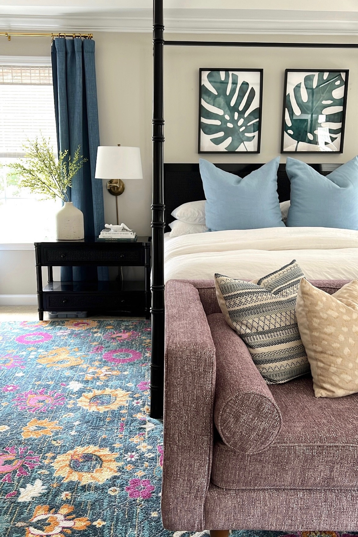 Primary bedroom that is equal parts tropical, serene, and fun! The best bedding and sleeping pillows on this gorgeous canopy king queen bed. 


Large nightstands and plug in sconces. Gorgeous curtains and area rug. Affordable rug. End of bed seating 

#LTKunder100 #LTKFind #LTKhome