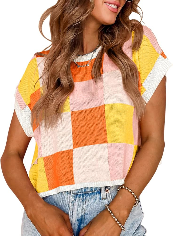 Saodimallsu Womens Cap Sleeve Crop Tops Summer Color Block Going Out Crew Neck Knit Trendy Casual... | Amazon (US)
