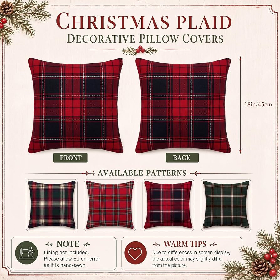 Irenare 4 Pack Christmas Tartan Plaid Throw Pillow Covers 18 x 18 Inch | Amazon (US)