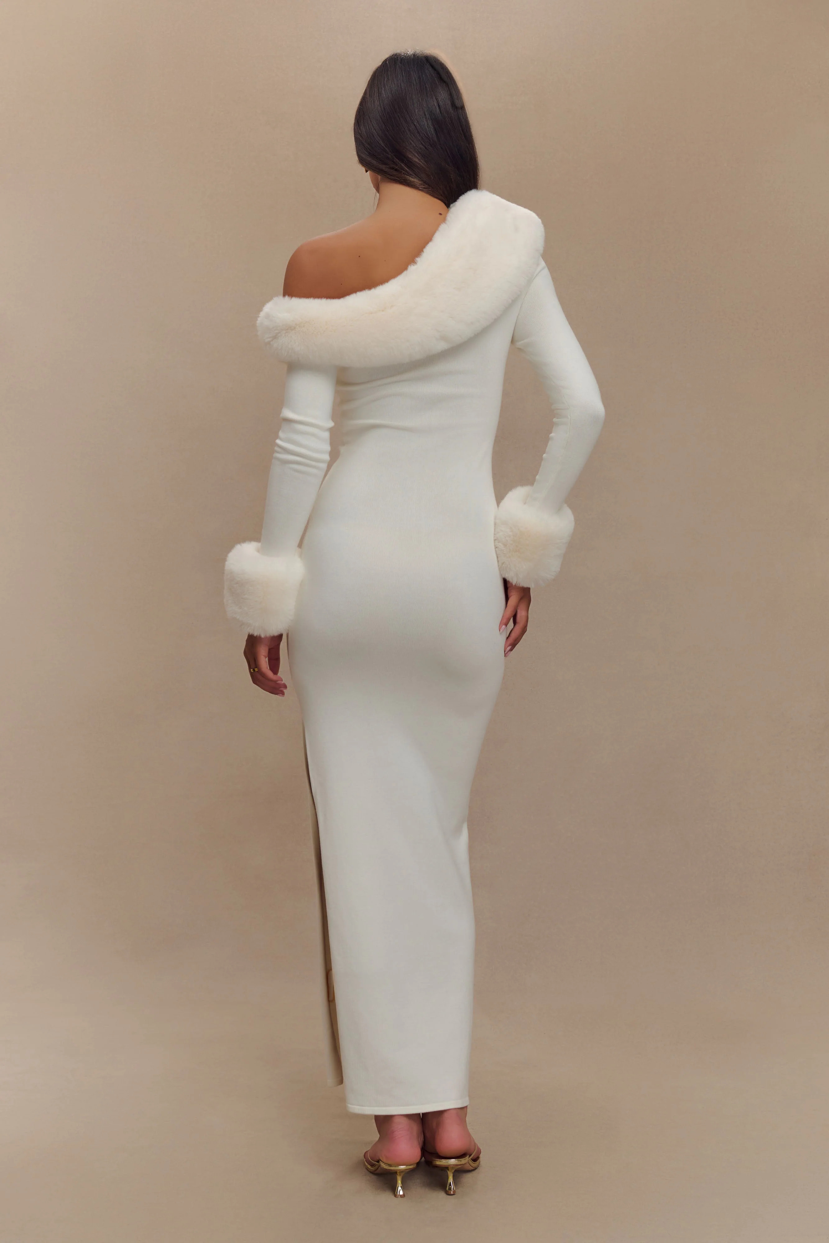 Faux Fur Knit Maxi Dress - Ivory | MESHKI US