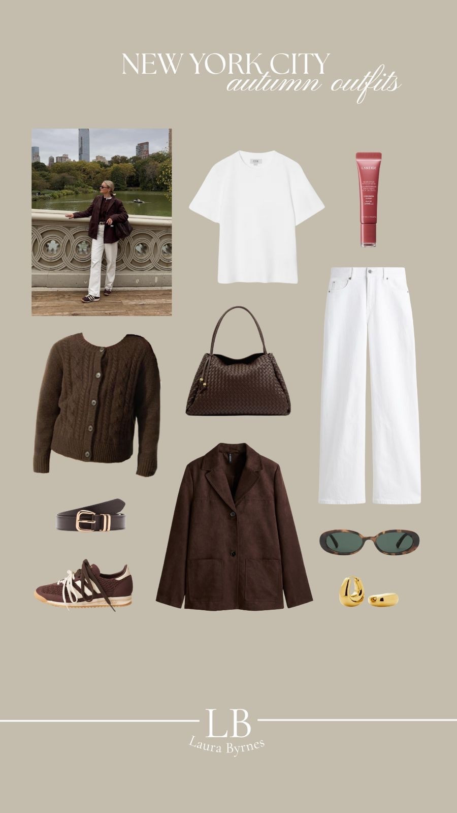 Autumn New York City outfit inspiration - brown faux suede blazer, brown cable knit Uniqlo cardigan, cos clean cut t shirt, Aligne white straight leg jeans, mango brown belt, adidas brown trainers, Katie loxton brown woven shoulder bag, Monica vinader gold hoop earrings & le specs tortoiseshell Outta Love sunglasses  

#LTKautumn #LTKstyletip #LTKuk