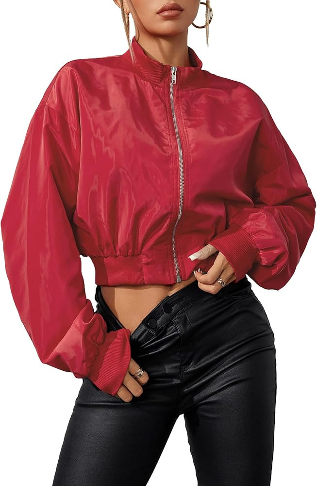 Verdusa Women's Cropped Bomber Lightweight Jacket Long Sleeve Zip Up Outerwear | Amazon (US)
